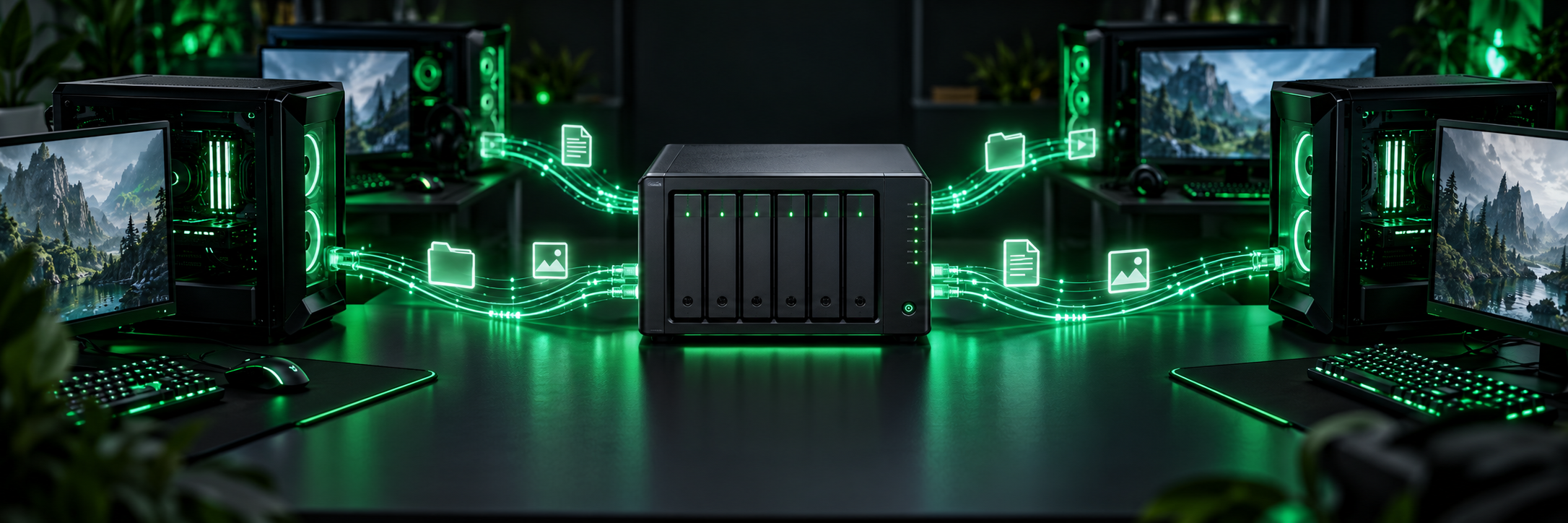 NAS-filserver koblet til flere spill-PC-er